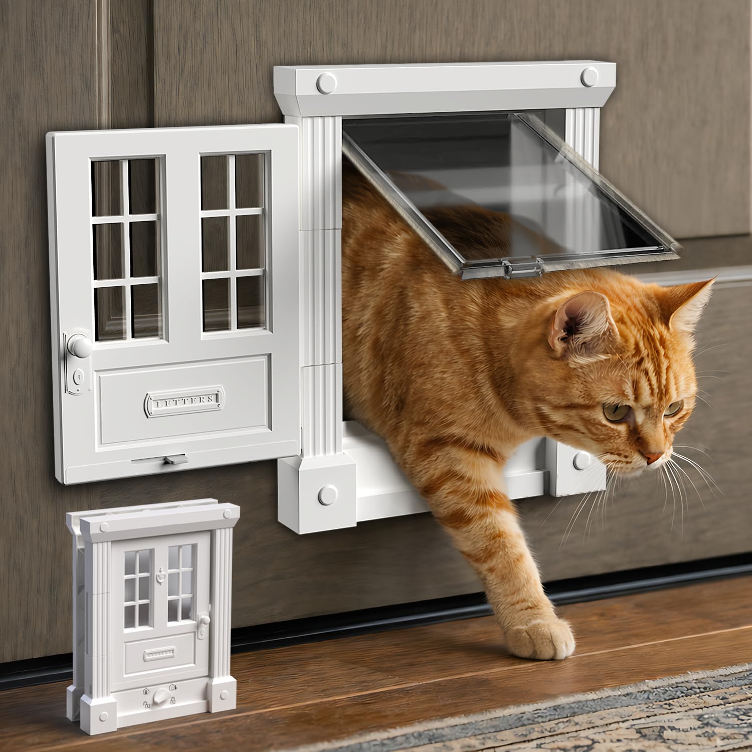 Purrfect Portal Exterior and Interior Cat Door, 4-Way Locking Magnetic Cat Flap for Solid & Hollow Core Doors, Outdoor Pet Door for Cats & Small Dogs,