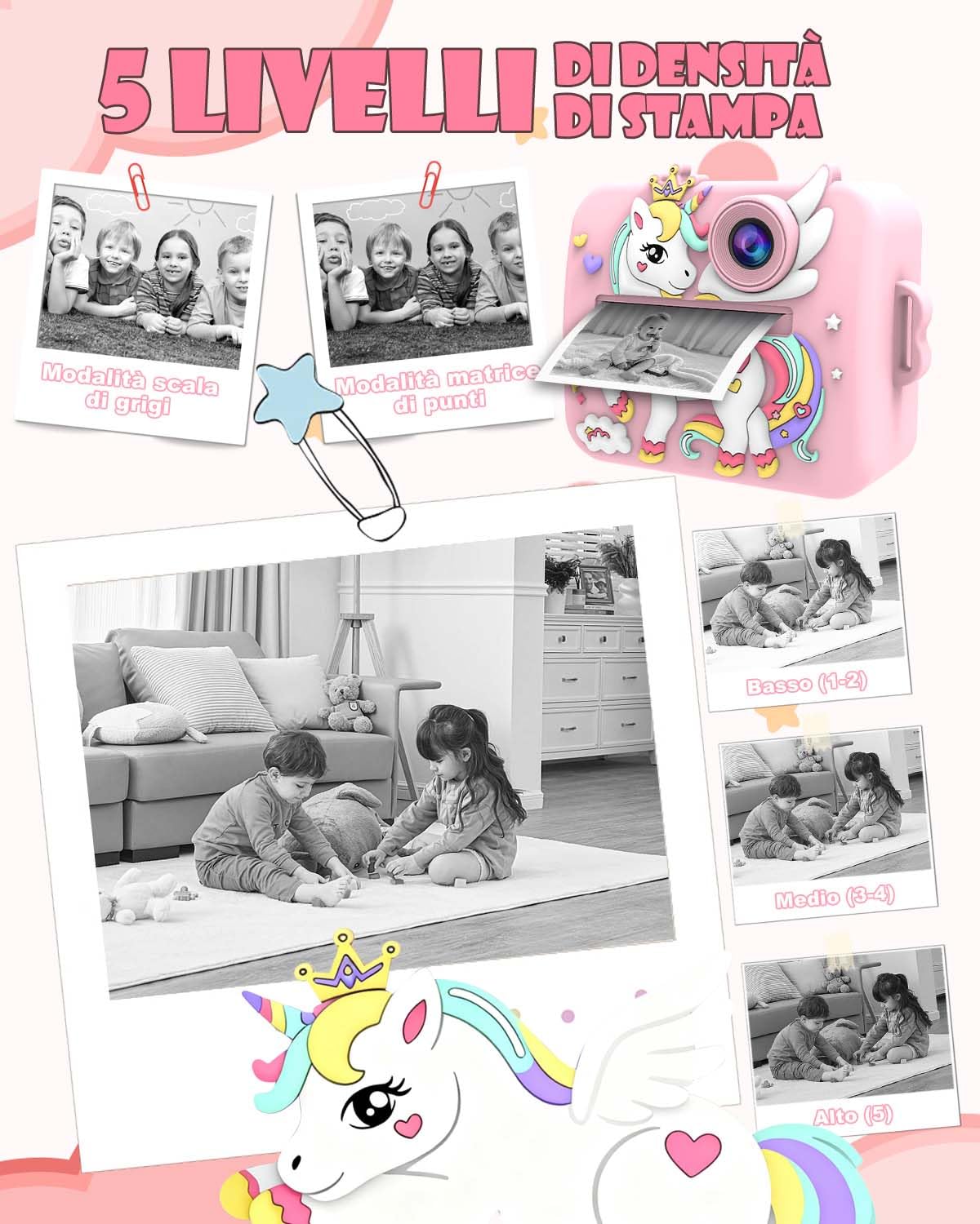 Macchina Fotografica Bambini Unicorno Istantanea, 2.4" Schermo, 1080P Video & 16X Zoom, Fotocamera per Bambini 32GB, Stampa Senza Inchiostro, Giochi, Musica, Regalo Ragazze 3-12 Anni
