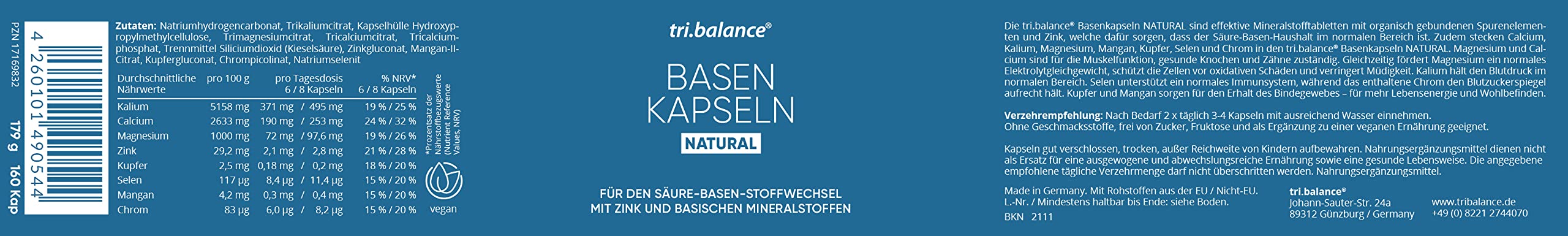 tri.balance Basenkapseln NATURAL 4er-Pack 640 Kapseln – mit Zink | 640 Kapseln mit basischen Mineralstoffen und veganer Kapselhülle; Zink trägt zu einem normalen Säure-Basen-Stoffwechsel bei