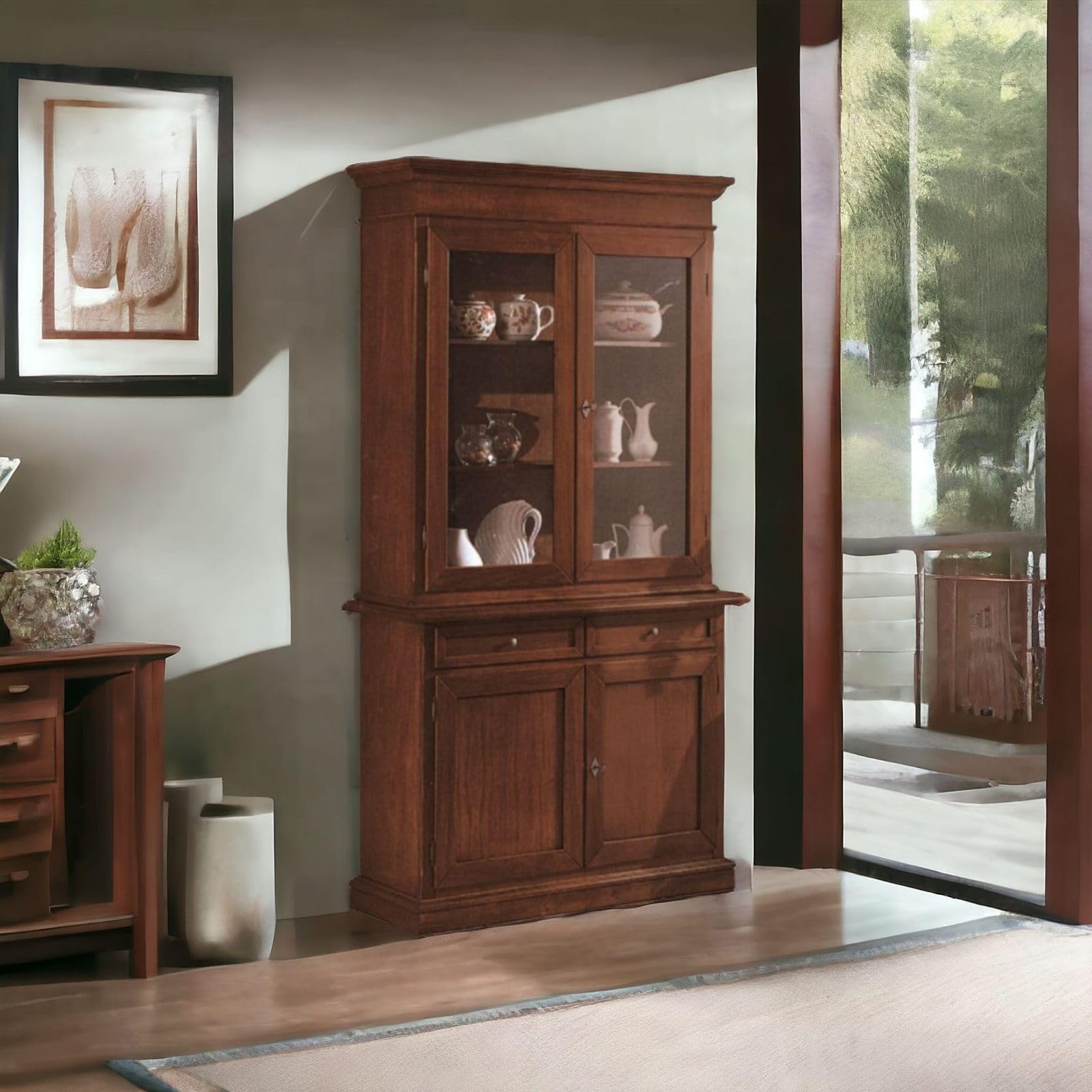 Vicentini arreda CREDENZA CRISTALLIERA IN LEGNO 2 PORTE MOD MARTINI ARTE POVERA NOCE SCURO