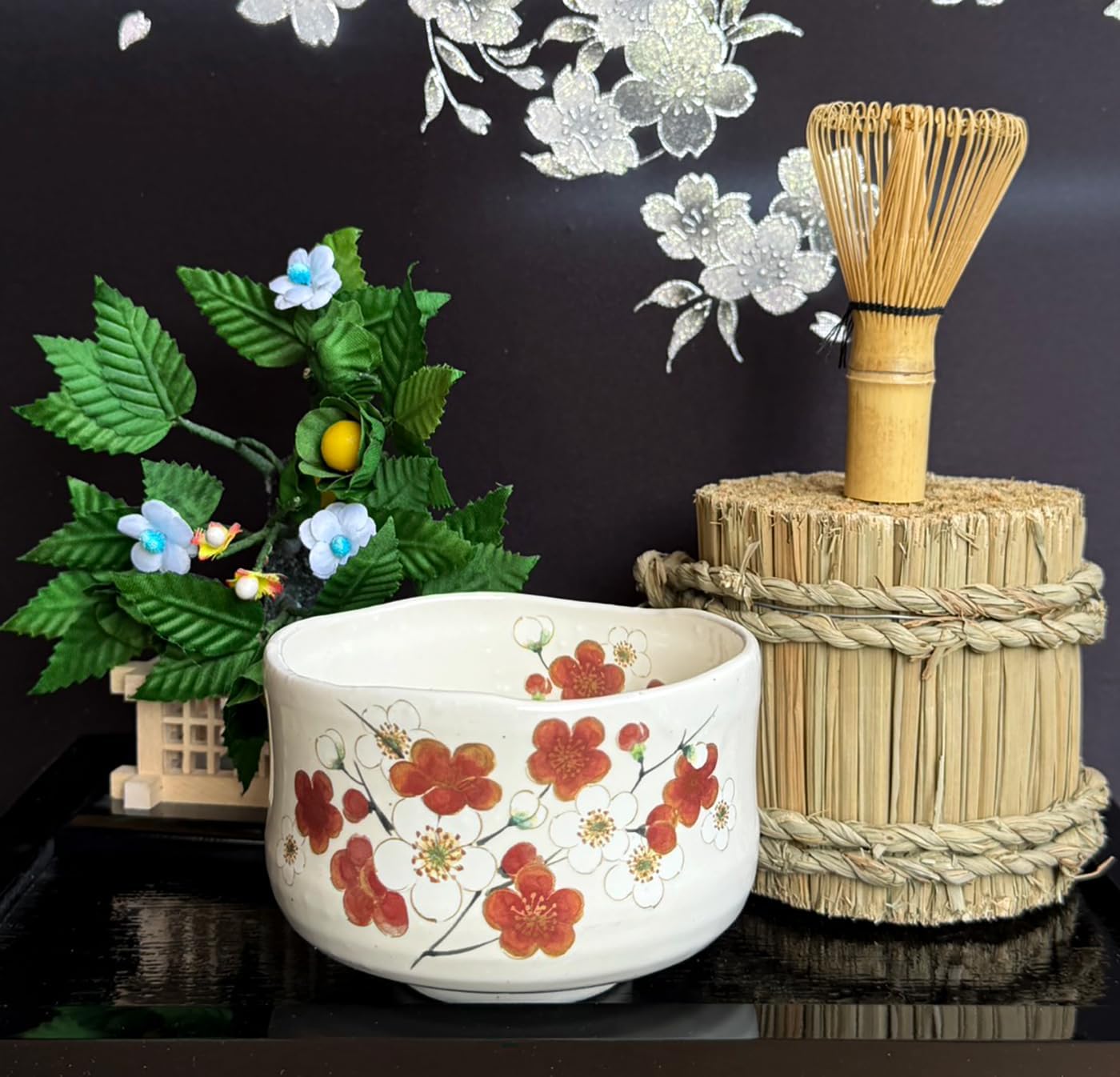 Japanese Traditional Mino Ware Handcrafted Mini Matcha Chawan Tea Bowl Cup Set With Chasen Bamboo Tea Whisk Ceremony Tableware Pottery (Kohiki Ume)