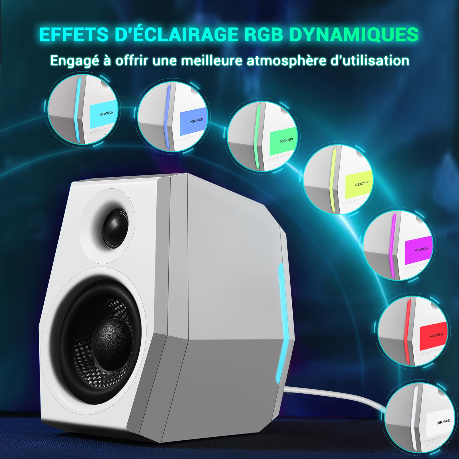 Sanyun SW209 Enceintes Gaming 2.0 36 W, Audio Tactique 3 Modes DSP | Modes Jeu/Film/Musique, DAC 24 bits, USB-C/Bluetooth 5.2/AUX, HP Fibre de Verre 7 cm + Dôme Soie 18 mm, RGB (Paire, Blanc)