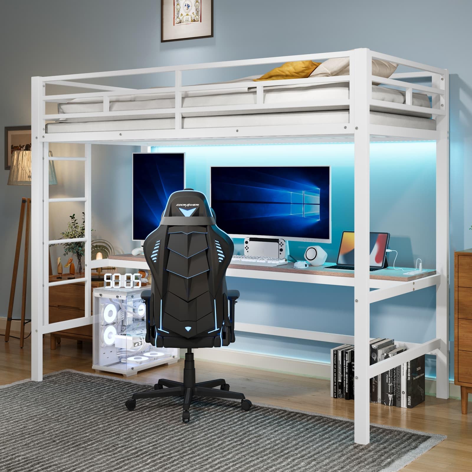 PUGSDRLY Lit Mezzanine 1 Place avec Bureau,USB et Prise électrique,Lit Mezzanine Enfant et Adolescent 90x200cm avec Lumière d'ambiance Télécommandée Vompatible App,Cadre en Métal,sans Matelas (Blanc)