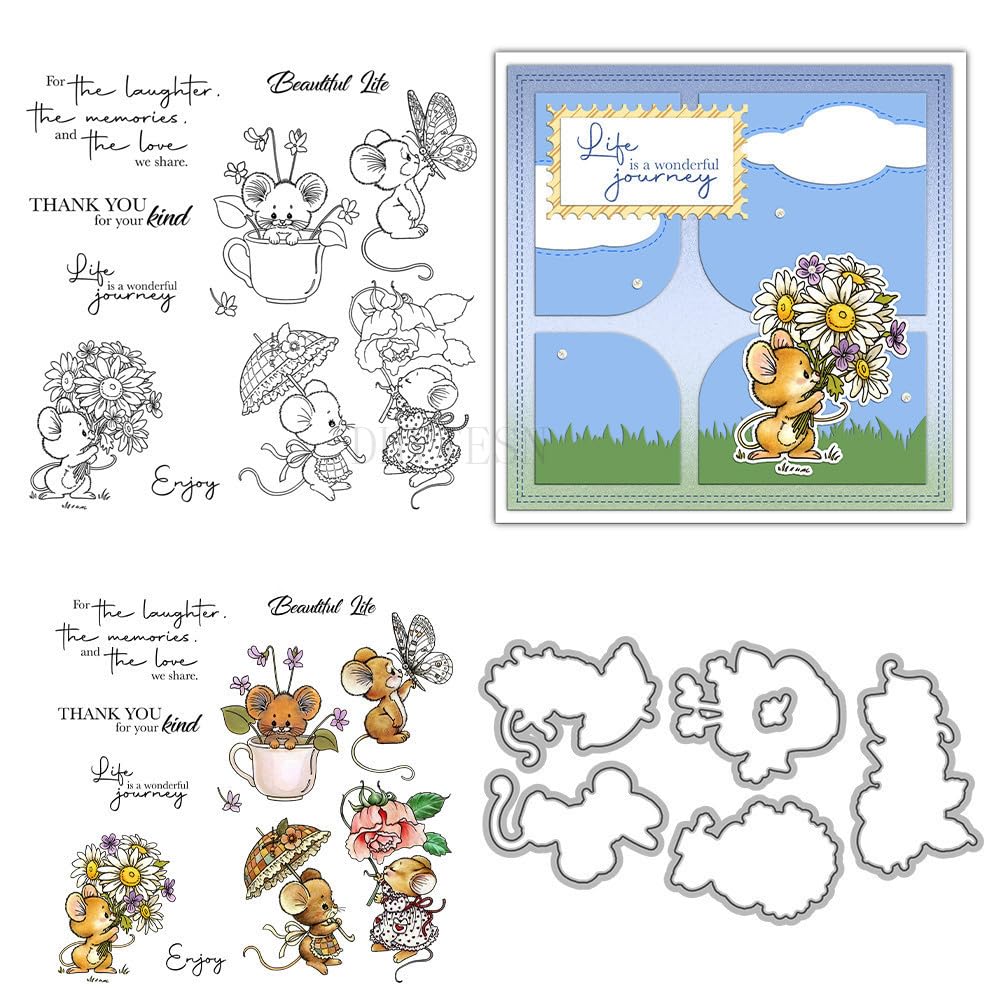 Mouse Holding Flowers Stamps and Die Cuts for Card Making Animal Transparent Silicone Clear Stamp and Metal Cutting Dies Sets for DIY Scrapbooking Paper Crafting Seals Decorative Supplies