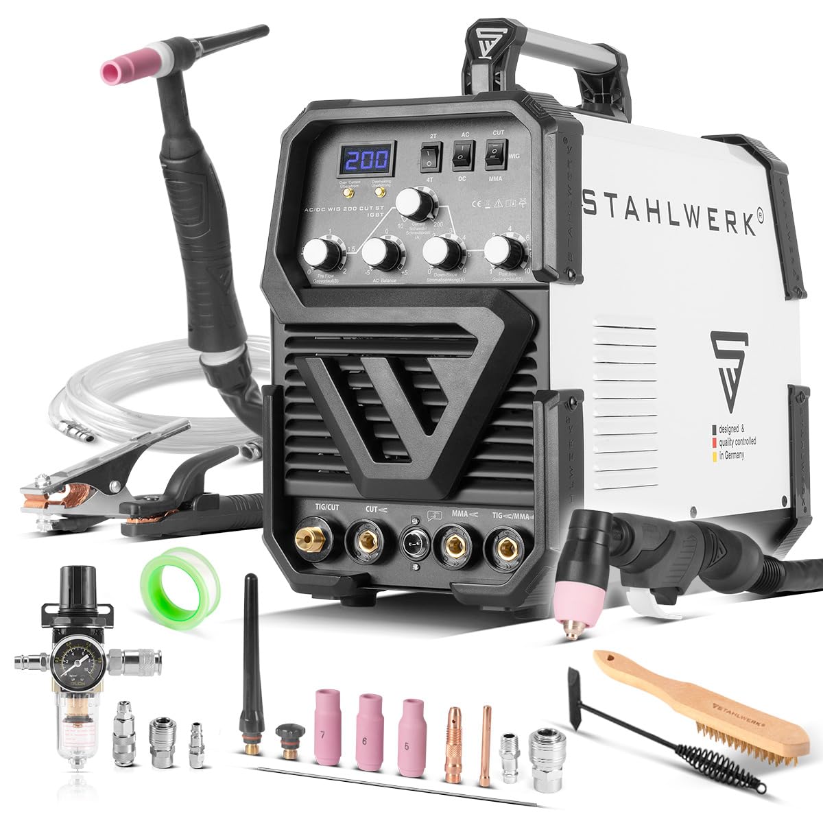 STAHLWERK AC/DC TIG 200 Plasma ST IGBT - Combi 200 Amp TIG MMA Welder with 50 Amp Cut Plasma Cutter, ALU Suitable, 7 Years Warranty