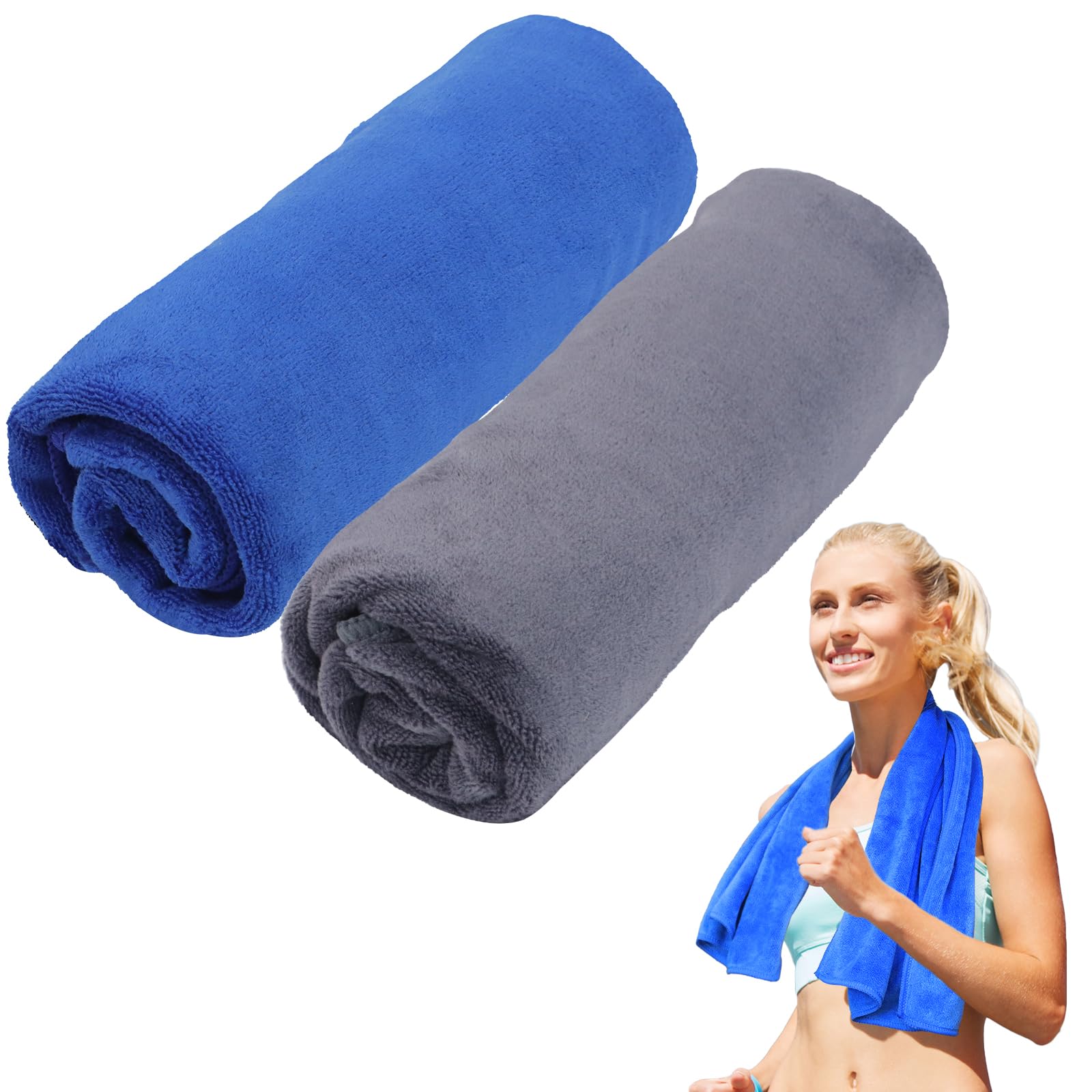SUITRILA 2 Packs Quick Drying Gym Towel 35x75cm,Soft Microfiber Super Lightweight Sport Sweat Towels,Gym Towels for Camping,Swimming,Beach,Travel,Yoga,Hiking,Sports-Dark Blue & Grey