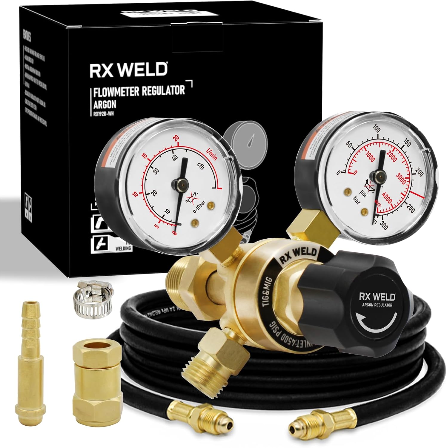 RX WELD Argon Regulators Gauges Gas Welding, Regulator for MIG and TIG, CGA580 Inlet Connection Argon Regulator with Hose