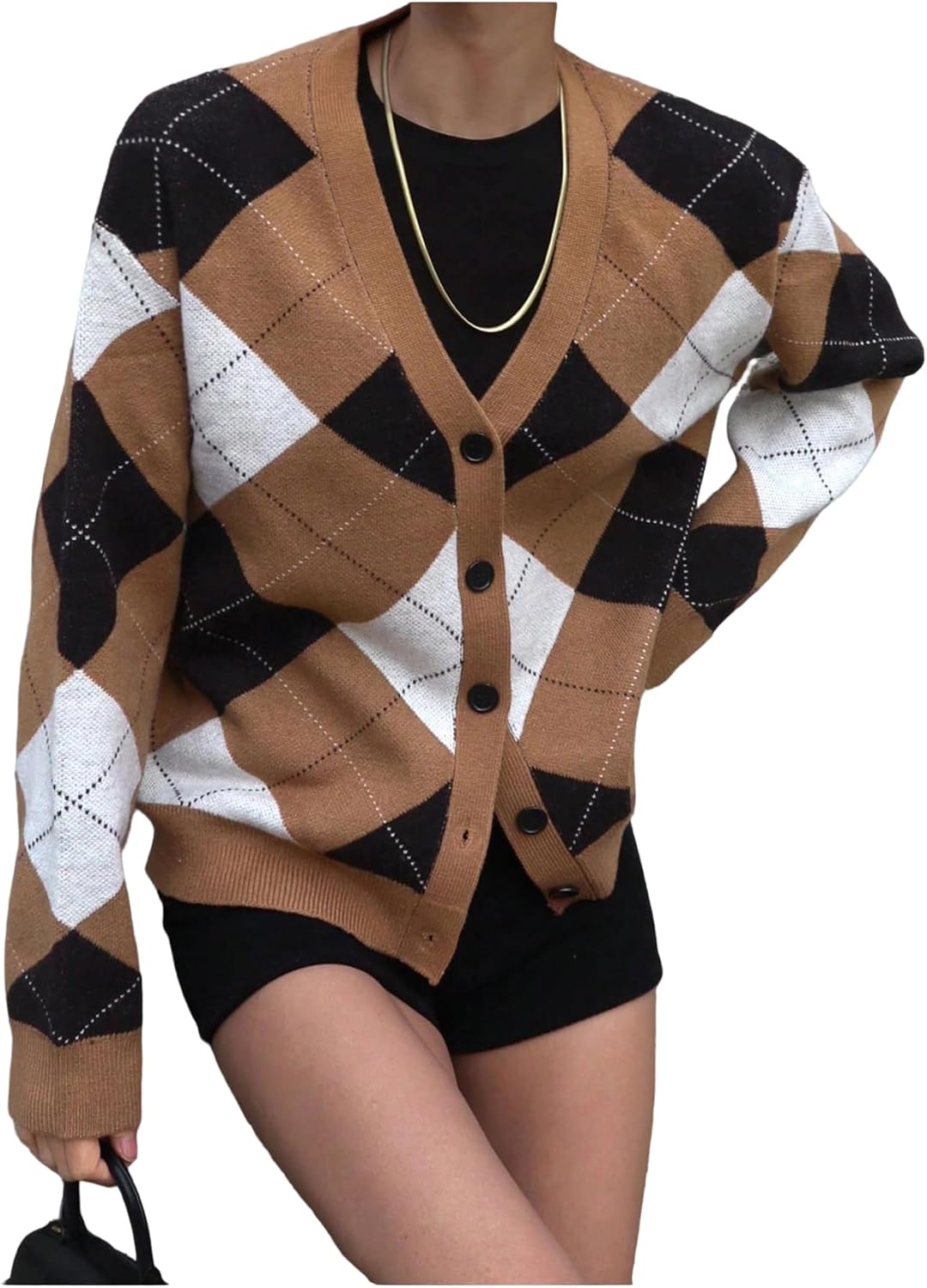 SOLY HUX Women's Argyle Cardigan Sweater Plaid V Neck Button Down Long Sleeve Casual Cardigans