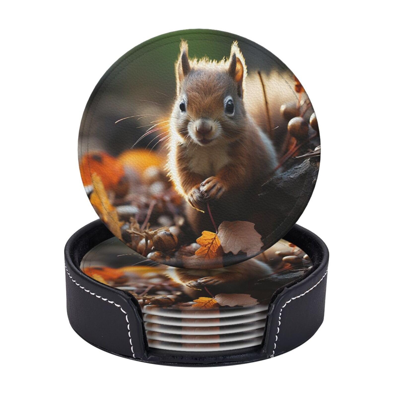 Drink Coasters Set of 6 Coffee Leather Coaster with Holder Cute Squirrel Eating Nut Coasters for Drinks Coffee Cup Mat Heat Resistant Tabletop Protection Coaster Desk Accessorie Home Decorative
