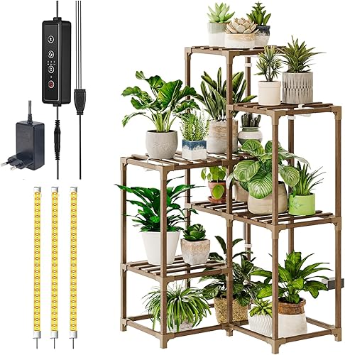 Miniatura 20 de Bamworld Soporte para plantas de interior y exterior, estante de esquina para 7 macetas para sala de estar, múltiples plantas, patio, balcón
