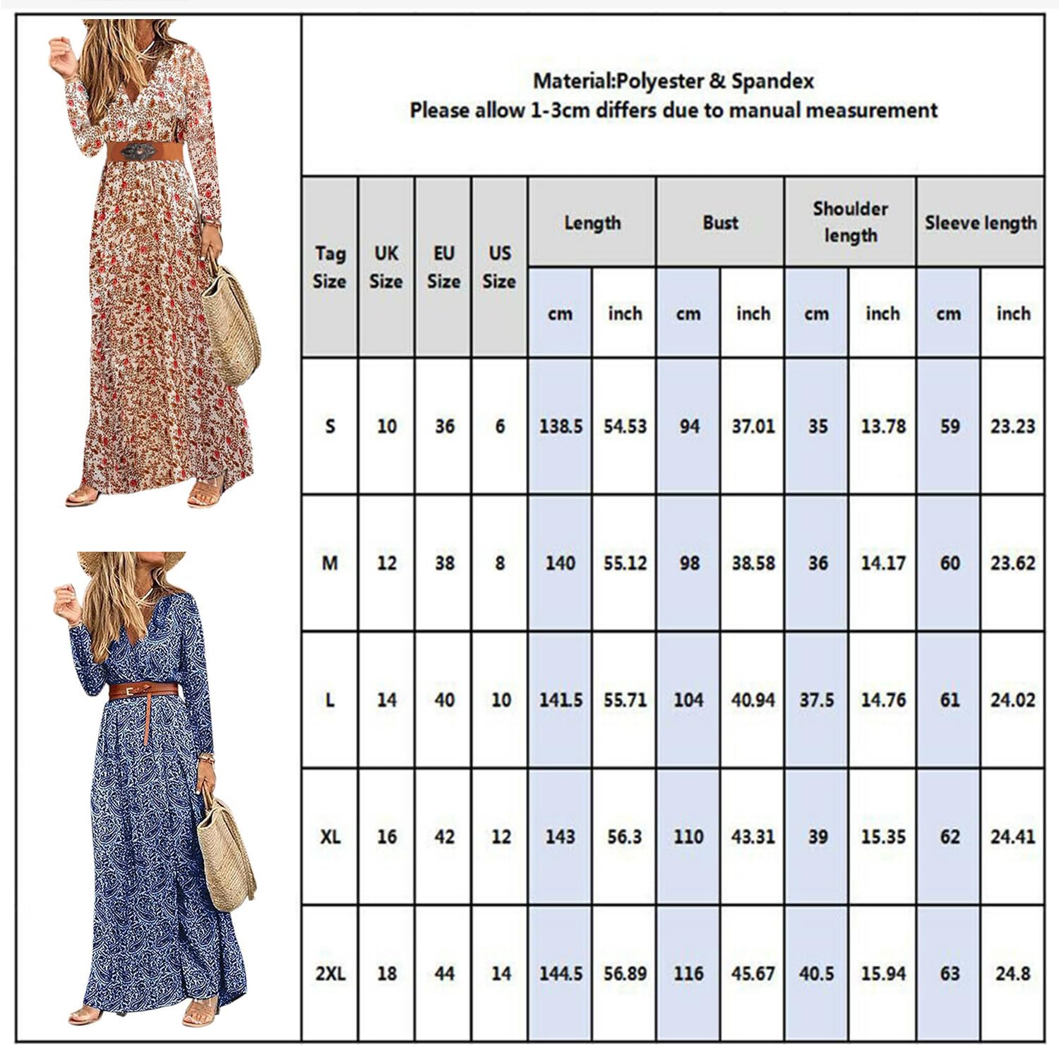 Woolicity Maxi Abito Estivo da Donna, Stile Boho, Floreale, Scollo a V, Maniche Lunghe, da Spiaggia, Manica Corta