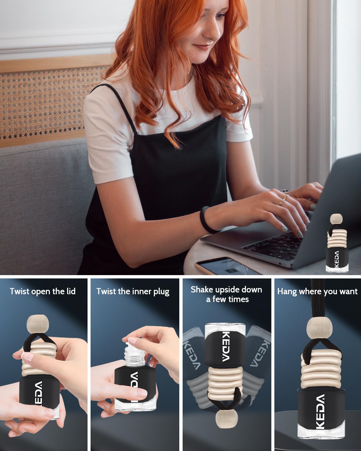 ikeda fragrance Ambientadores automotrices de 0.16 onzas líquidas, aroma para automóvil que mantiene la fragancia en 45 días, botellas difusoras colgantes para automóvil, elimina el olor del