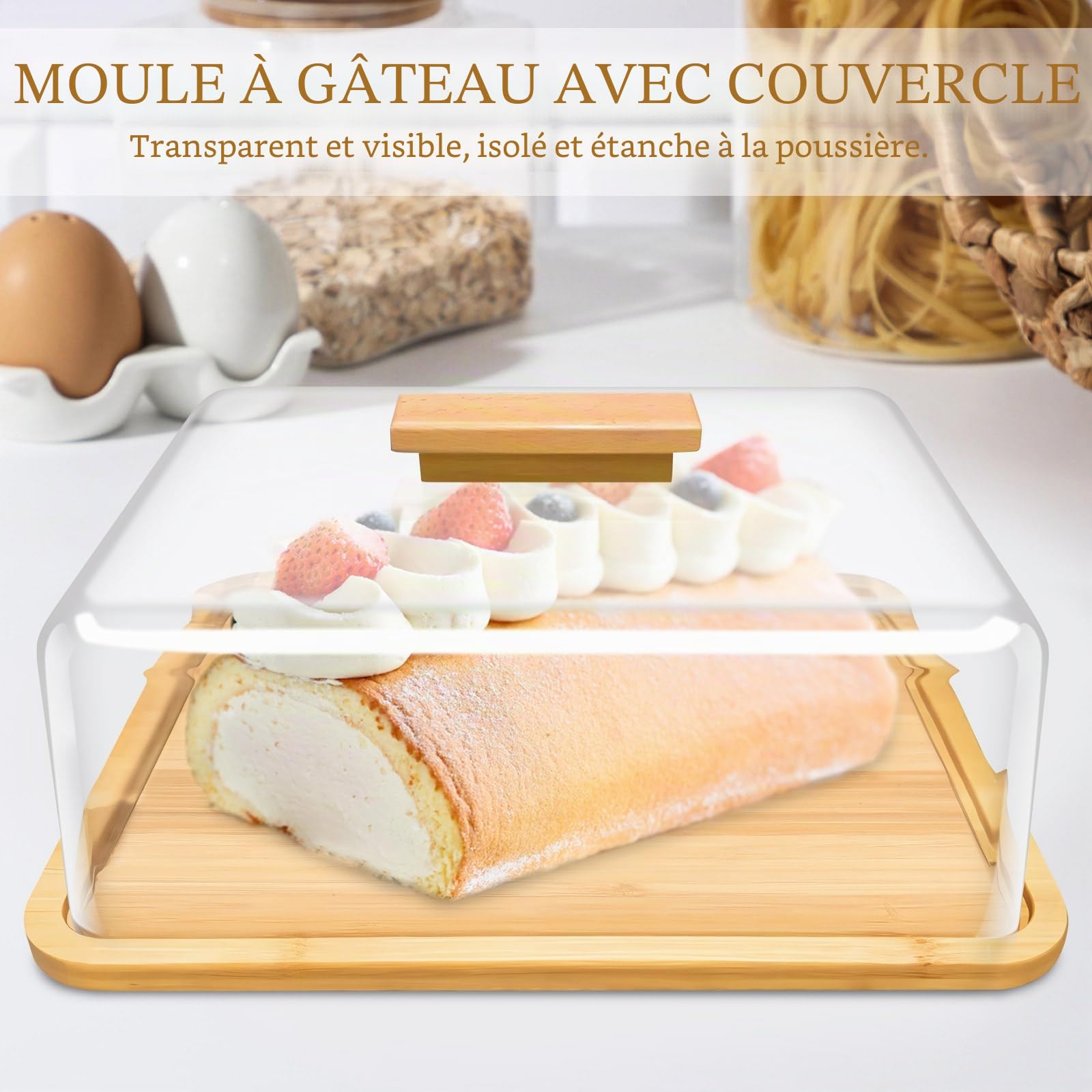Présentoir à Gâteau, 36x27x12cm (LxlxH) Cloche Gateau en Bambou avec Transparent Dôme en Acrylique, Presentoir Gateau pour Dessert, Pâtisserie, Gâteau, Fromage, Rectangulaire