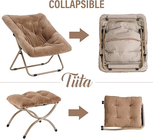 Miniatura 5 de Tiita Silla platillo con otomana, silla plegable de gran tamaño de piel sintética suave, silla perezosa, silla de luna con marco de metal para