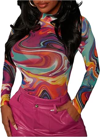 Floerns T-shirt Donna Manica Corta A Righe, Slim Fit, Collo Alto Elasticizzato - Traspirante, Per Uso Quotidiano, Taglie Dalla XS Alla L