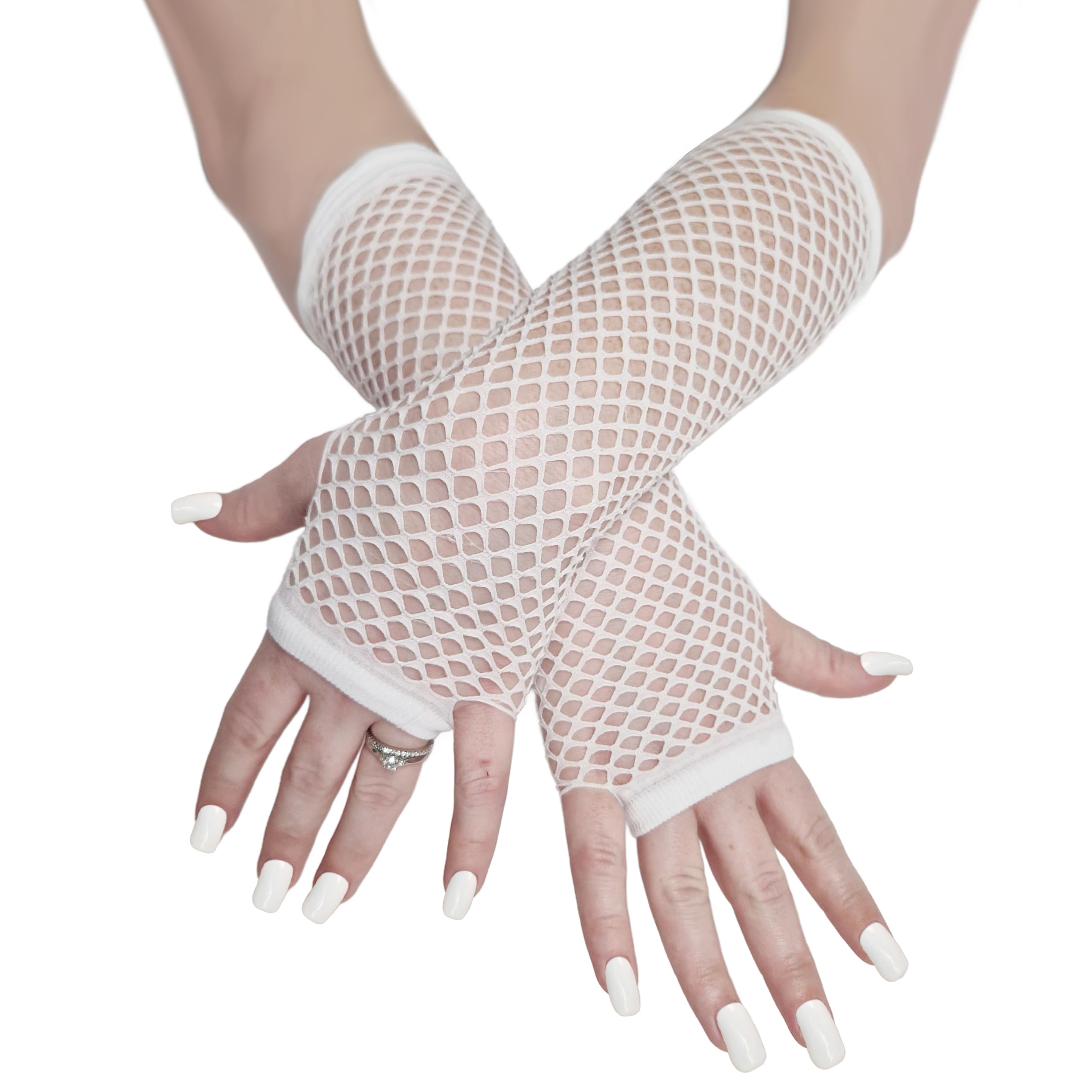 Komonee Women's White Fishnet Gloves Long Fingerless Arm Warmers, Elbow Length Mesh Sleeves For Stretchy Sheer Opera Style For Rave Cosplay Halloween 80S Costume, One Size