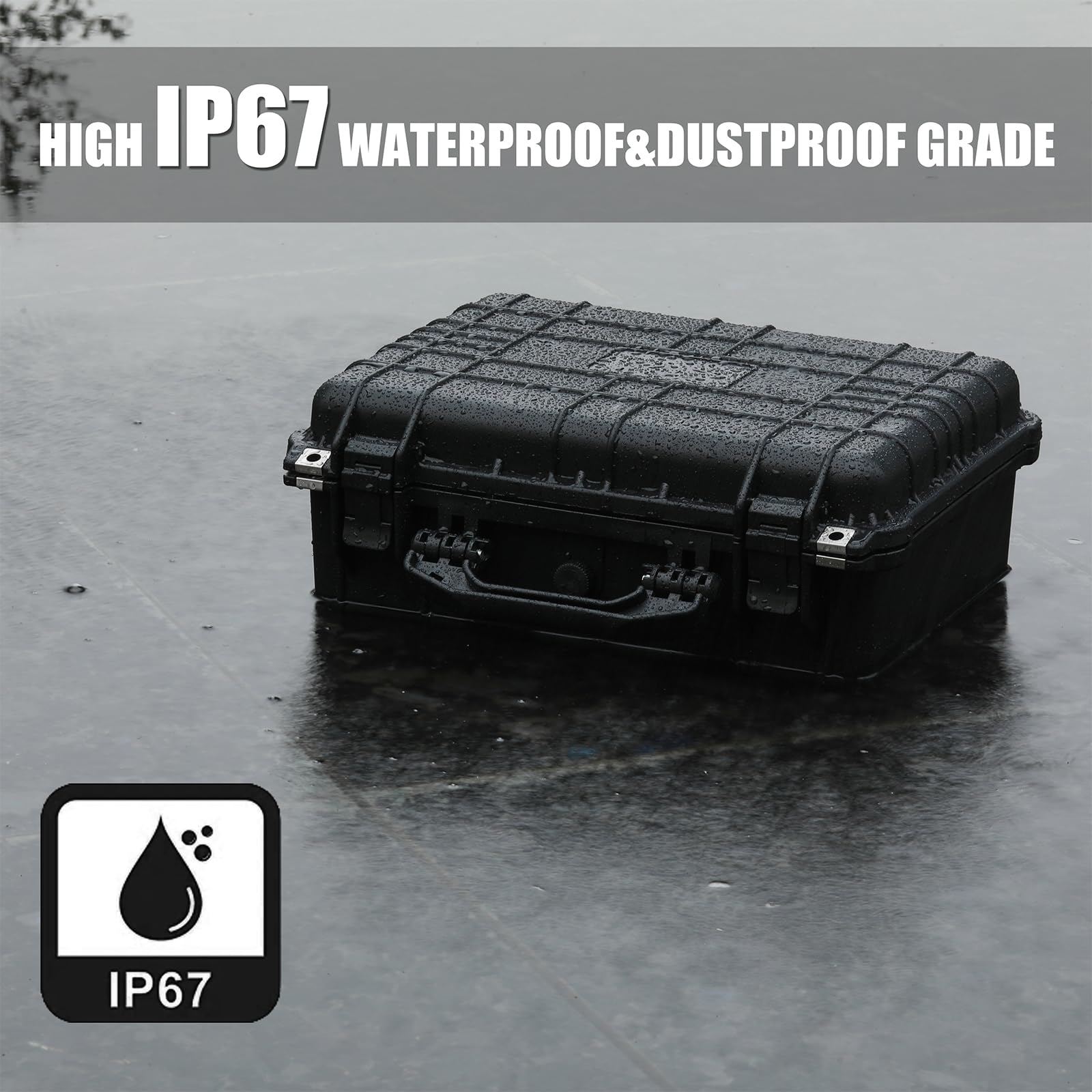 Mayouko Caja de herramientas de plástico impermeable de 16 pulgadas con inserto de espuma, 16 x 13.2 x 7 pulgadas, caja de almacenamiento con cerradura IP67, espuma personalizable, funda rígida a