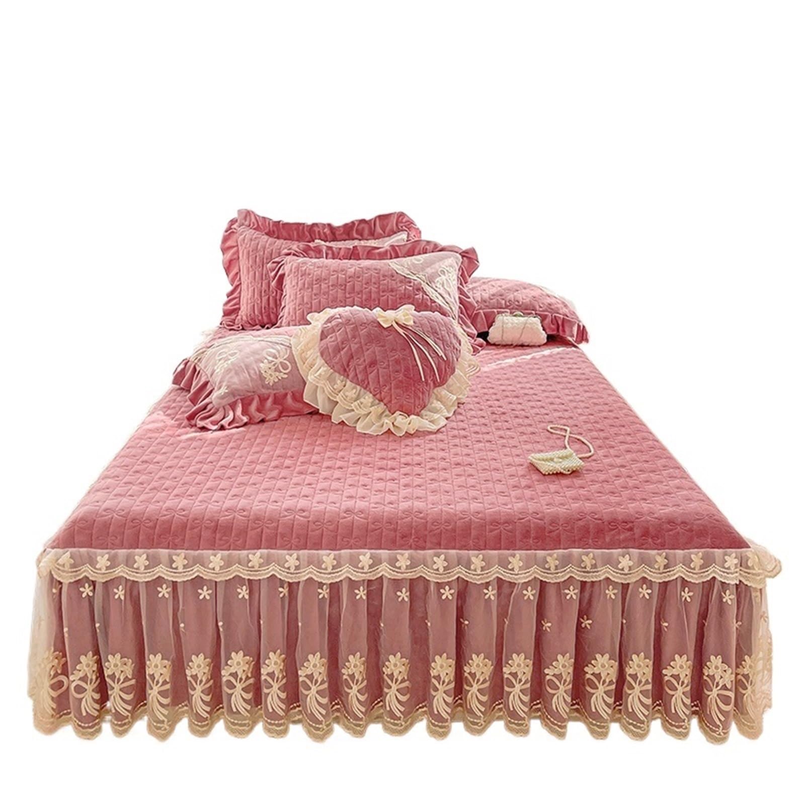 3/6Pcs Thickened Crystal Velvet Bed Skirt, Flowers Lace Embroidery Sheet, Bedspread, Quilted Cover, Pillowcases(Color 4,180X200cm 6pcs)