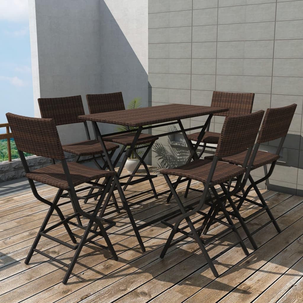 Juego de 7 sillas de bar de jardín, mesa de bar con 6 sillas de bar, plegable, aspecto de ratán, estructura de acero pulverizado, para terraza, balcón y jardín, color marrón