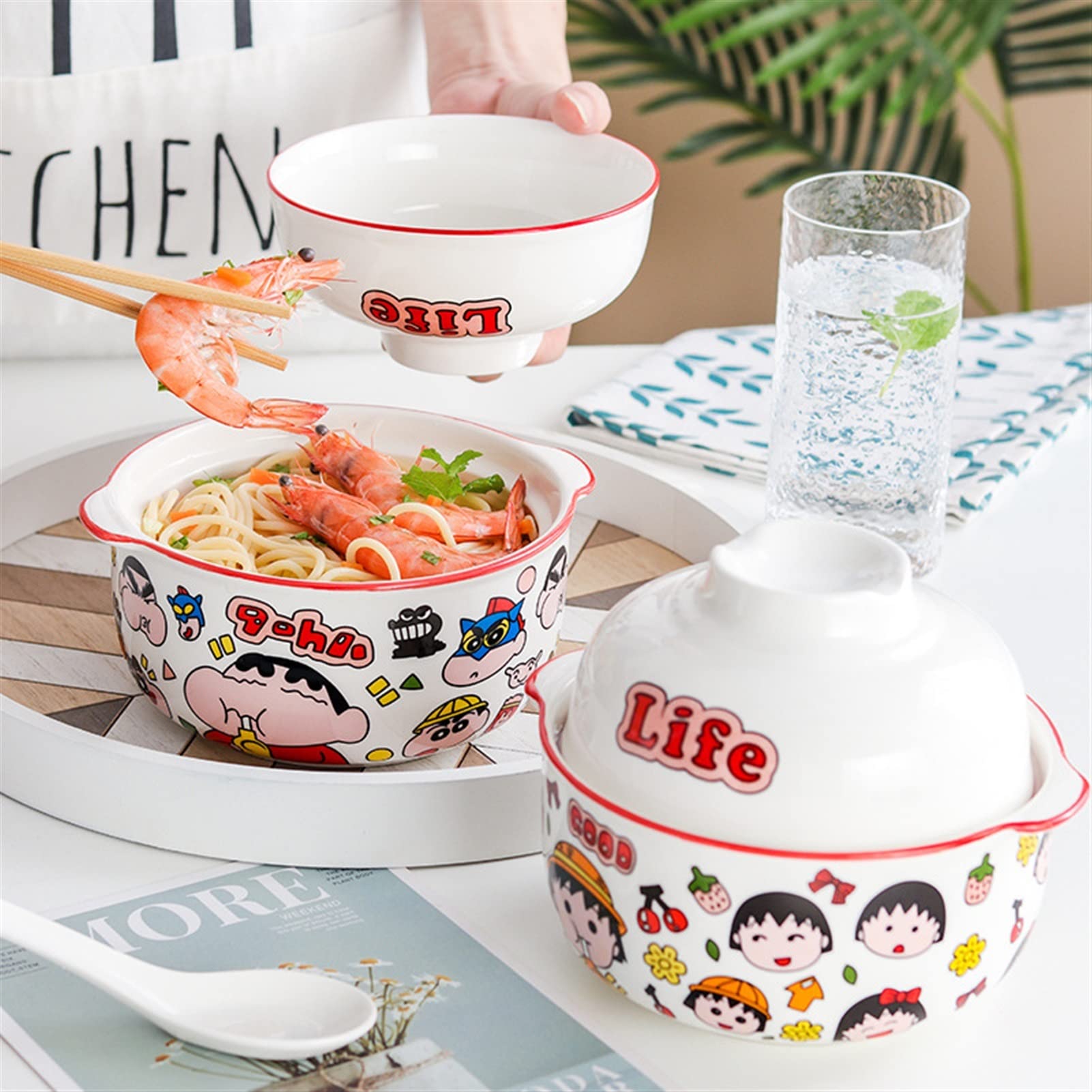 Suppenschüsseln Kawaii Strawberry Ramenschüssel mit Deckel Keramik Niedliche Cartoon Küche Geschirr Große Früchte Instant Nudeln Salat Reis Suppenschüssel Salatschüssel (Color : Pink A)