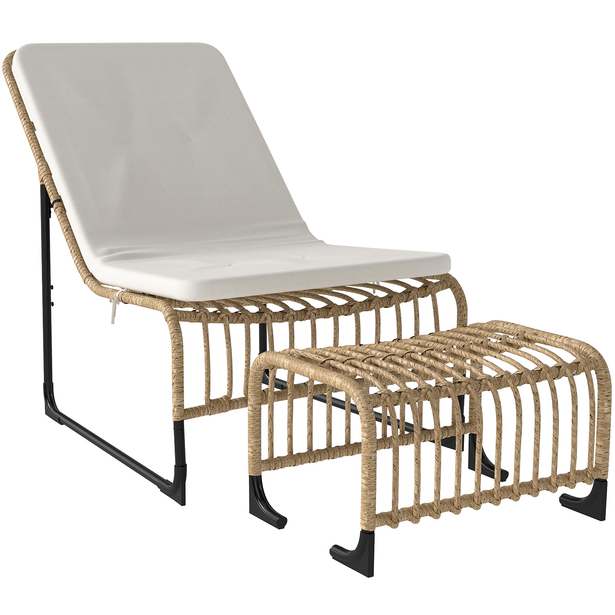 Outsunny Conjunto de Sillón de Jardín con Reposapiés de Ratán Sintético, Sillón para Exterior con Estructura de Acero y Cojín Acolchado, Natural y Beige