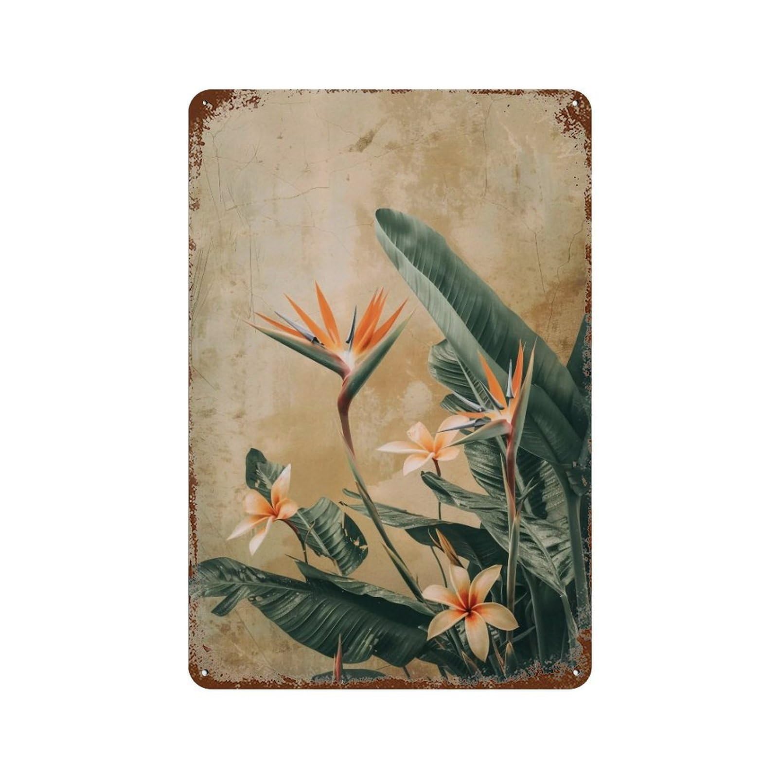 WUJHGRSG Textured Aged Ochre Tropical Bird of Paradise Foliage Vista 01 Wall Art Retro Iron Vintage Metal Tin Sign Poster Modern Decor for Home Cofffee Club Bar Shop Style 30x20cm