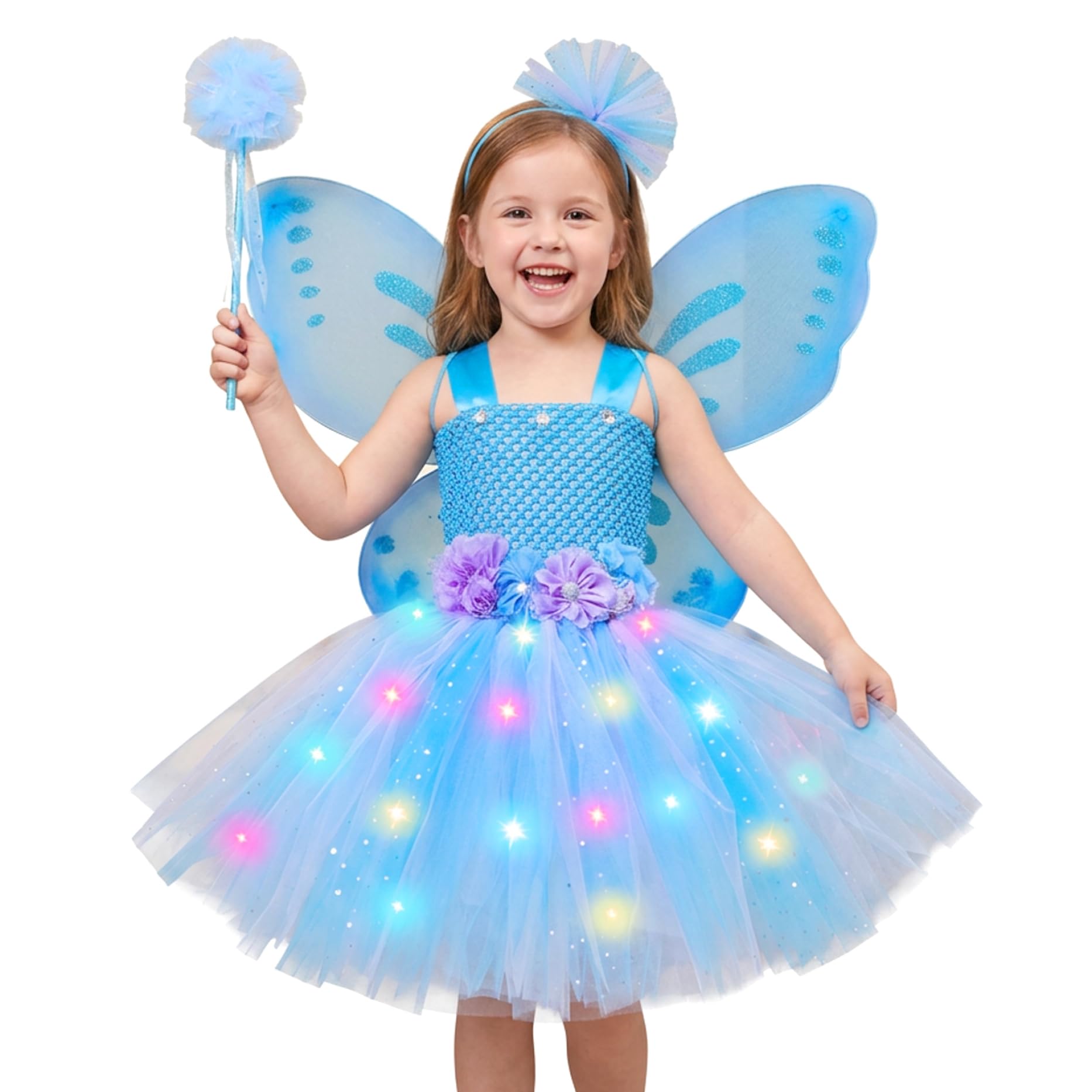 Costume da farfalla per ragazza, set di costumi da fata da 4 pezzi include vestito illuminato, ala di farfalla, bacchetta magica e fascia per capelli XL