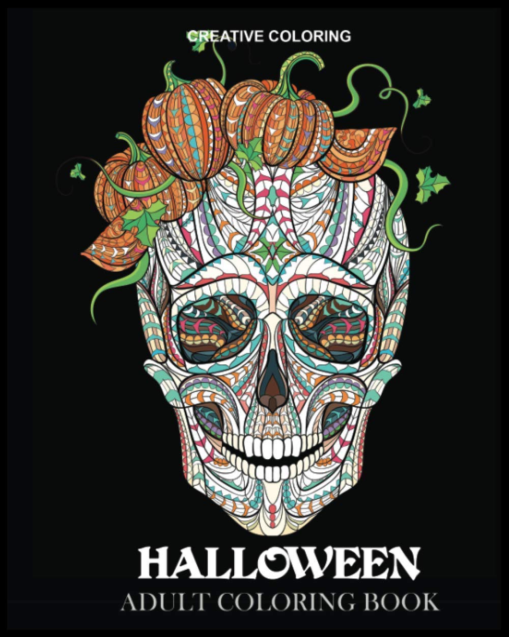 Cover of Halloween adult coloring book with pumpkins and festive designs