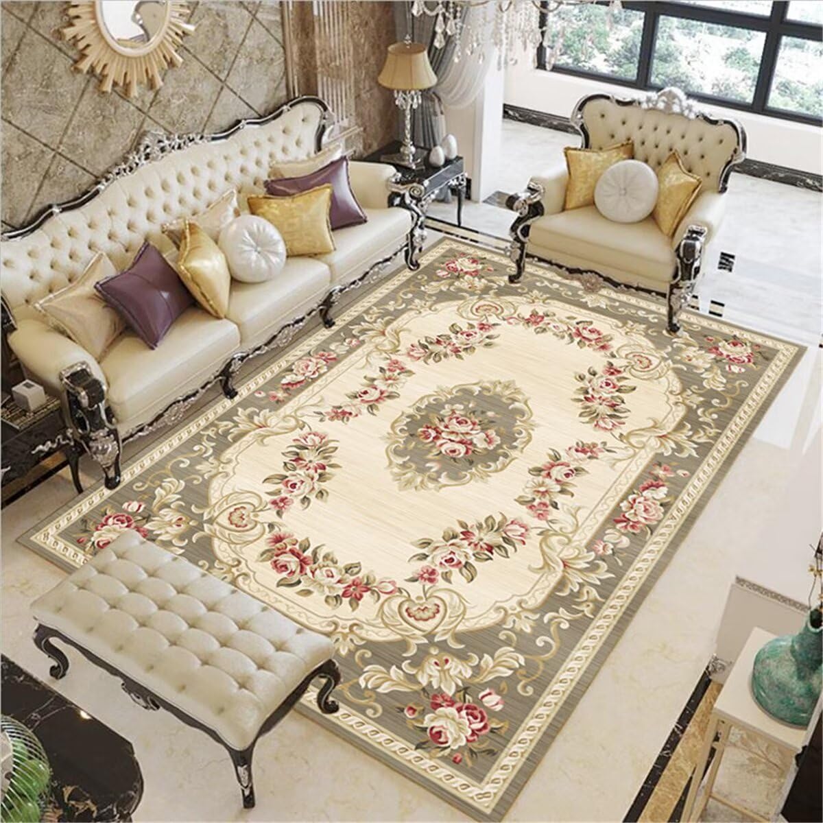 Tapis rectangle motif floral rose 100X200CM vintage insonorisation salon