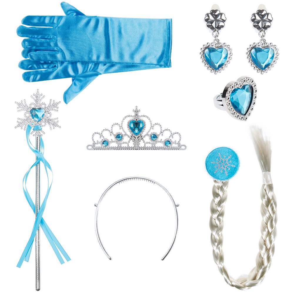 Lictin Princess Dress-up Accessories Princess Dress-up Set Tiara Braid Wand Finger Ring Earrings Blue Gloves Princess Dress-up Kits for Little Princess Blue Set of 6