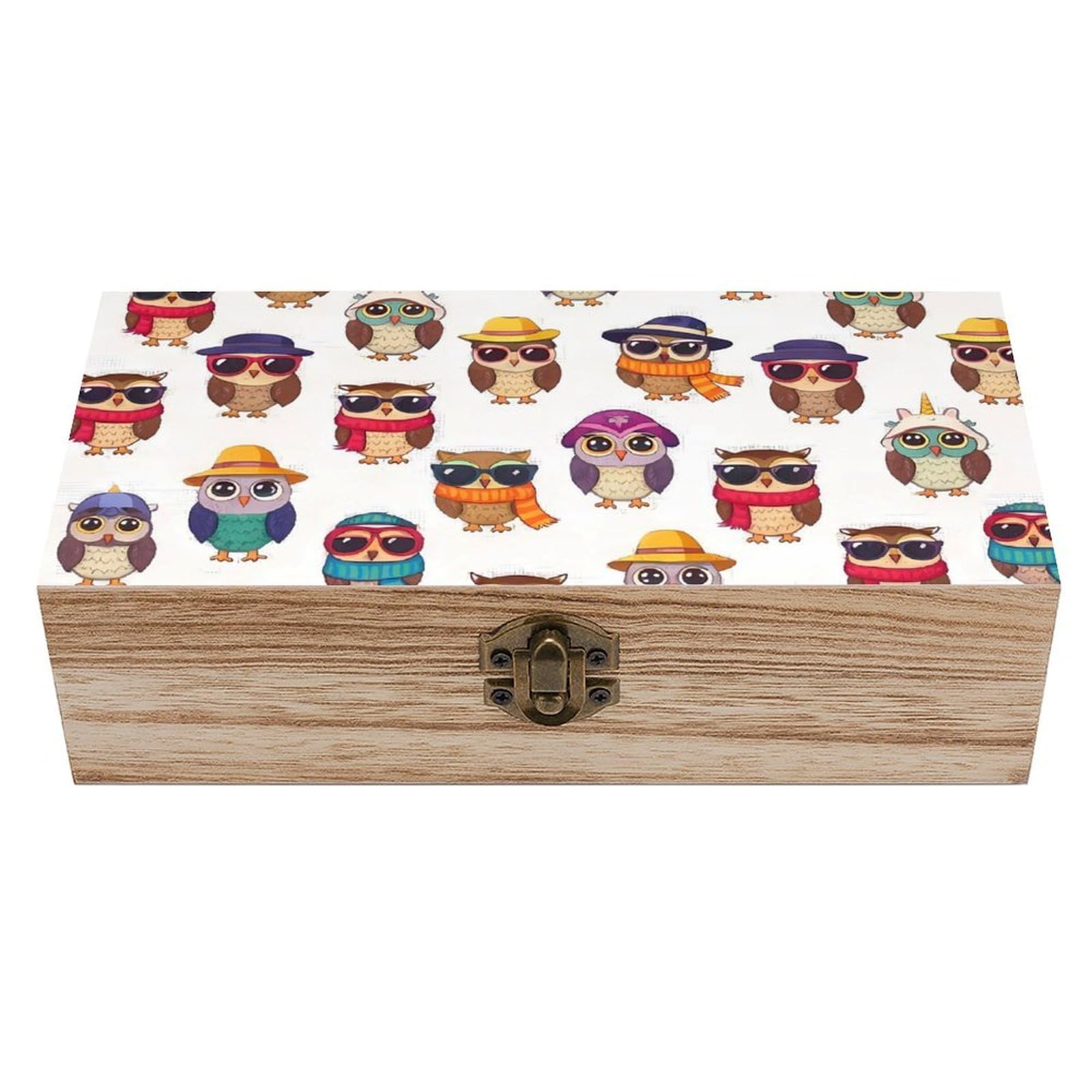 SMAZDFXX Cute Cartoon Owls Wooden Storage Box With Hinged Lid Decorative Front Clasp Keepsake Boxes