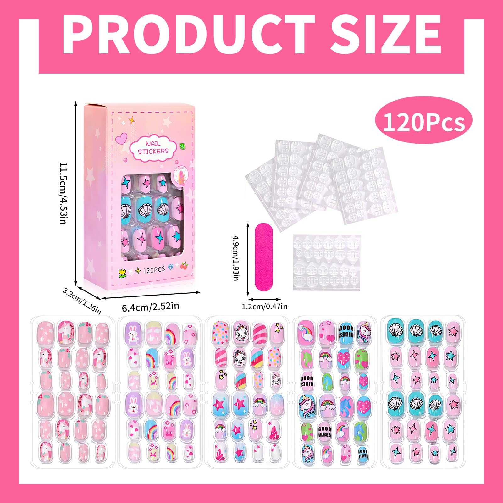 120PCS Stick on Nails False Nails for Girls Cute Pink Fake Nails for Girl Short Press on Nails with Stickers Full Cover Fingernail Lovely Gift for Girls Nails Art Decoration (Style3) - Image 2