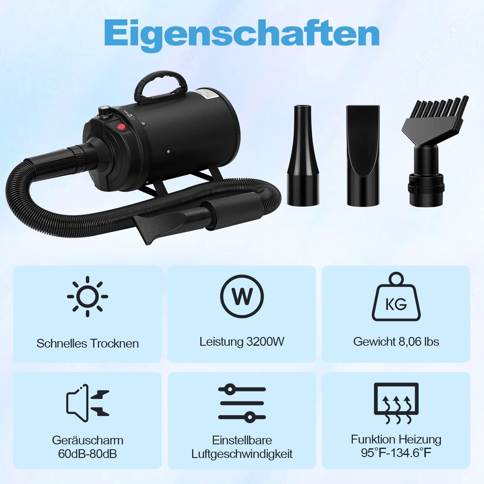 XKISS Soffiatore per Cani 3200W/4.5 PS, Asciugatore per Cani,Continua con velocità e Temperatura Regolabile Asciugacapelli per Animali Domestici, con 4 Ugelli Diversi (Nero)
