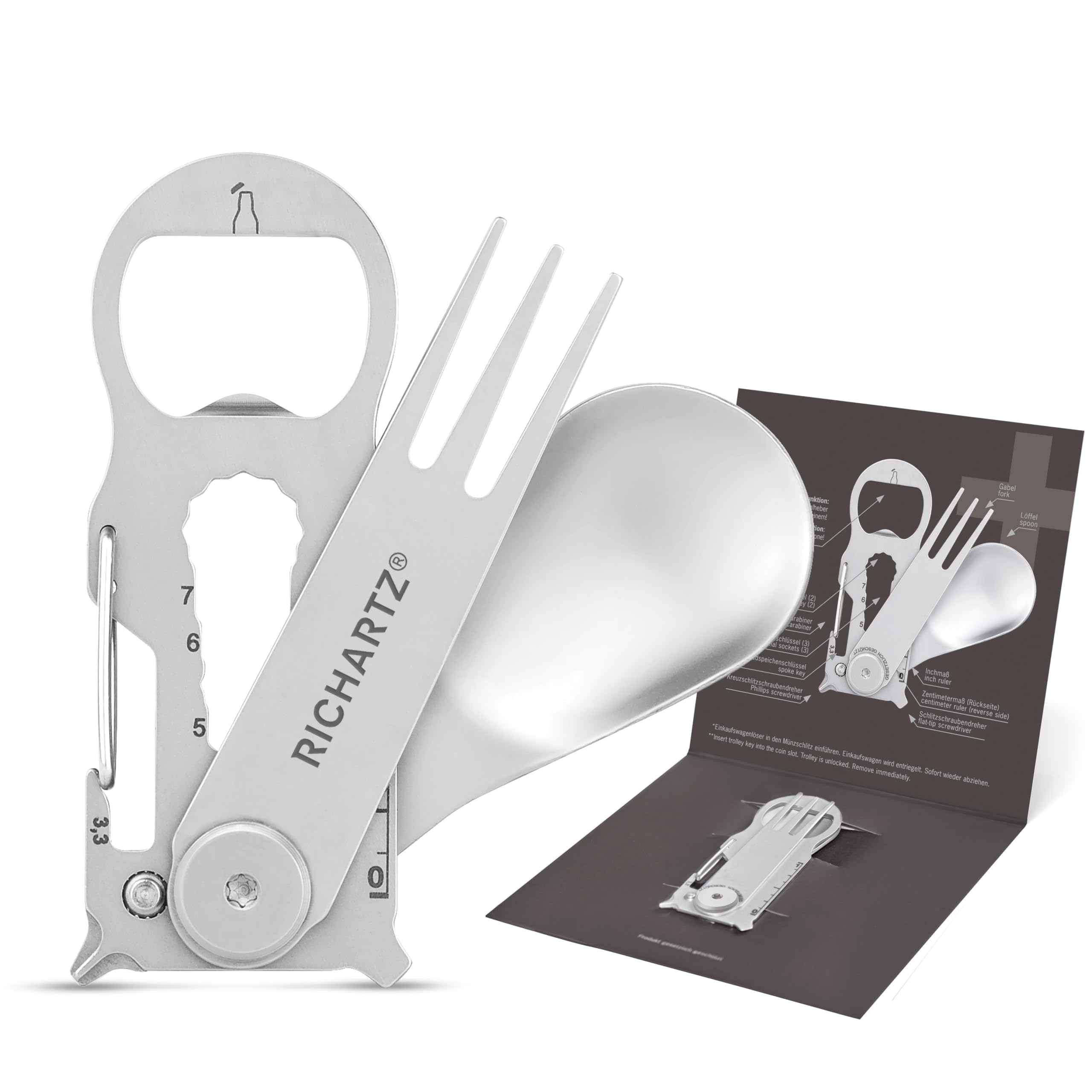 RICHARTZ Key Tool Plus Snack, Multitool Key Ring, 15 Practical Functions, High-Quality, Matte Blasted Stainless Steel, Key Ring Tool with Packaging and Function Description