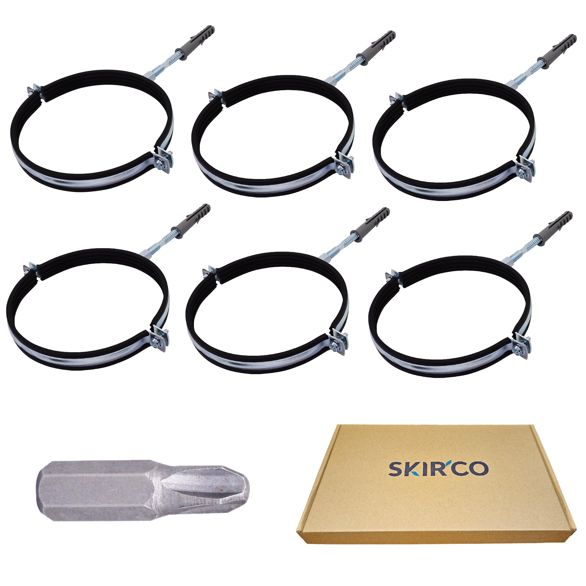 SKIR'CO (6 piezas) Soportes de tubería con forro de goma para tubos de 100 mm, soportes de tubería para montaje en pared y techo, abrazaderas de tubería