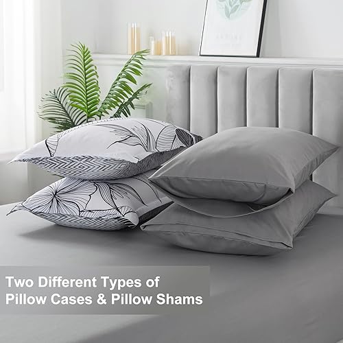 Miniatura 8 de Xruibed Juego de edredón de cama en una bolsa, tamaño King con patrón de flores negras sobre blanco, 7 piezas, diseño de flores de línea con juego