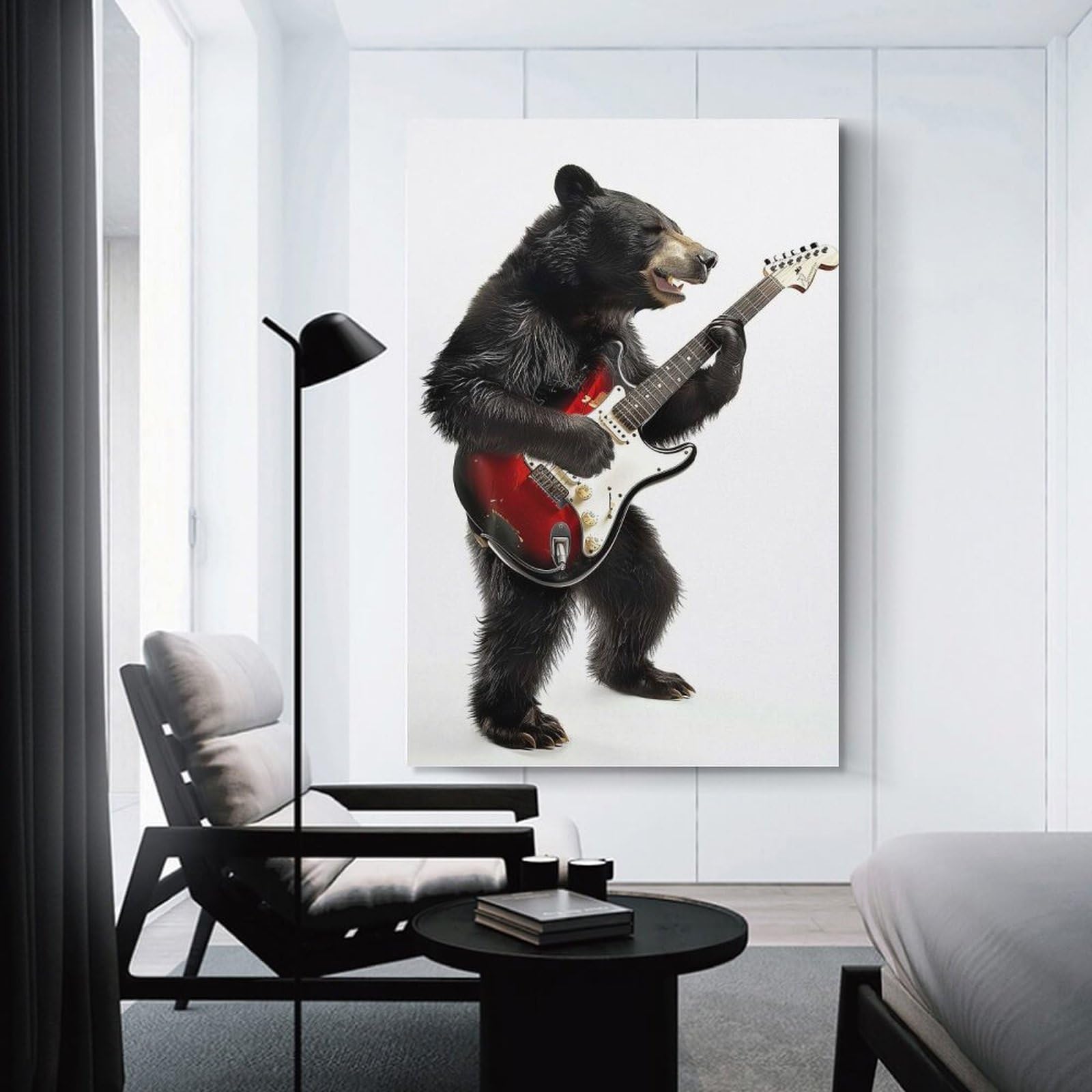 Junmoney Black Bear Guitar Hanging Wall Art 16x24inch(40x60cm), for New Homes, Bedrooms Or Workspaces, Thoughtful Wall Decor for Art Lovers