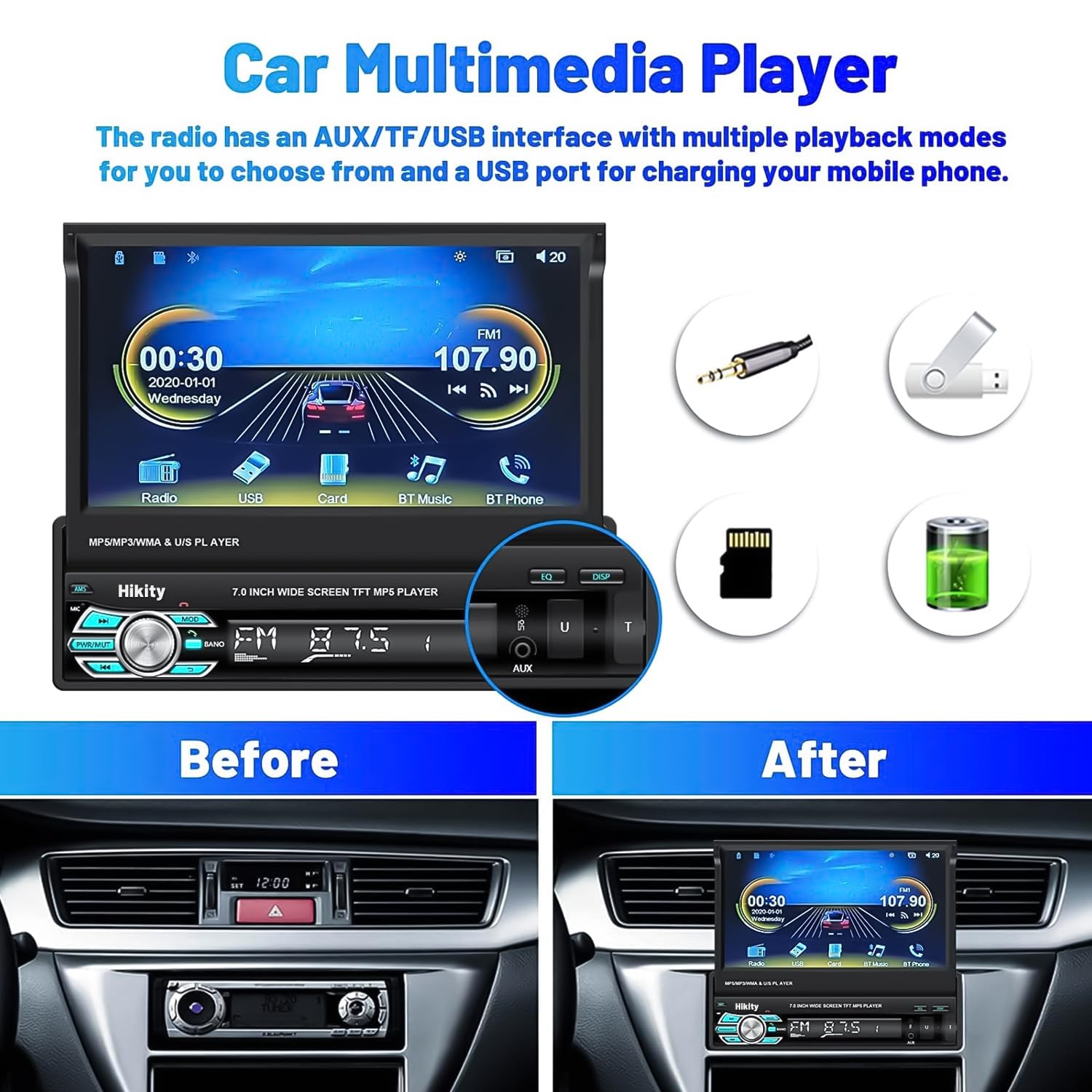 Hikity 7" 1 DIN CarPlay Autoradio avec Bluetooth FM Caméra de Recul | Écran Tactile Android Auto Wireless CarPlay Mirror Link Commandes au Volant Mains Libres USB AUX Carte TF