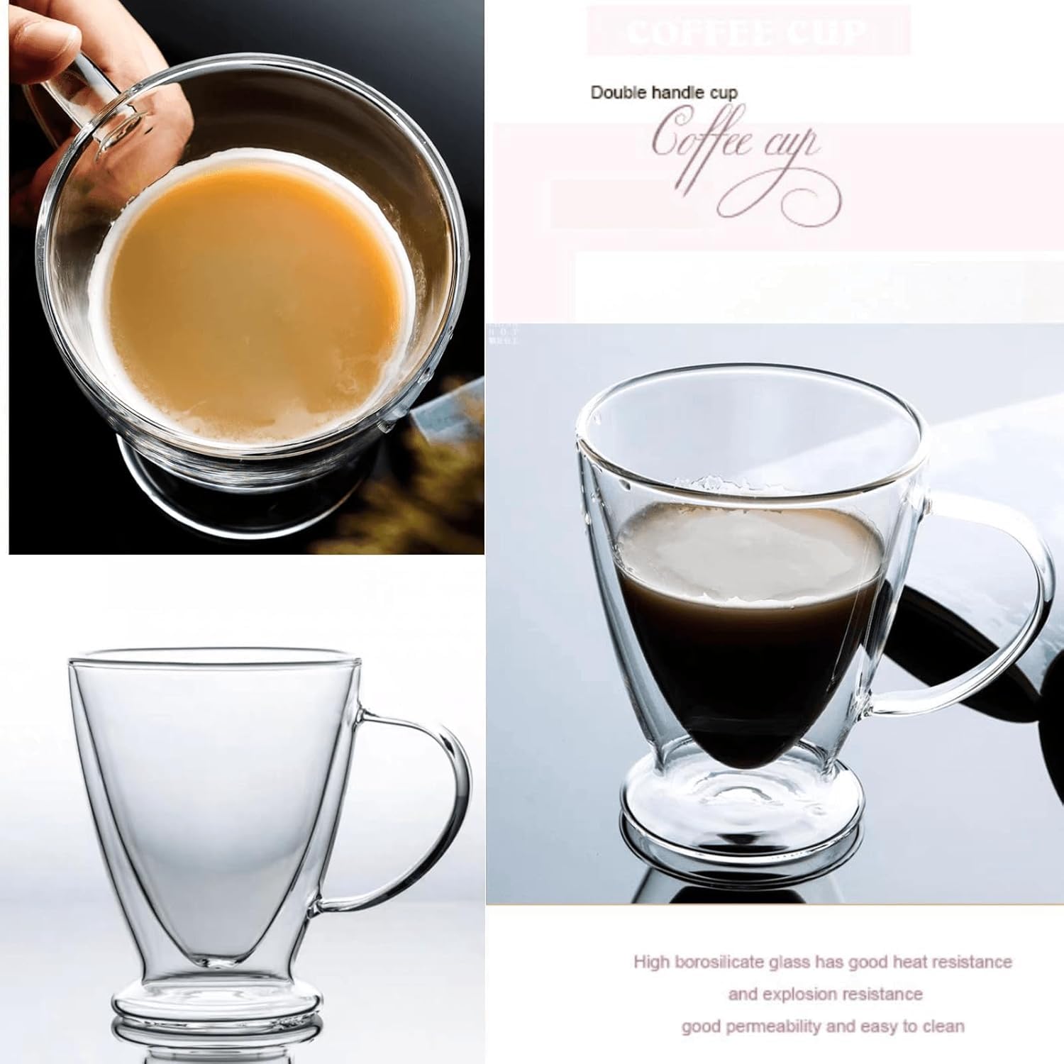 Paquete de 4 tazas de café irlandés, taza de vidrio transparente de 450 ml con asa, tazas de vidrio de doble pared para bebidas frías y calientes, vasos de bebidas, resistentes al calor