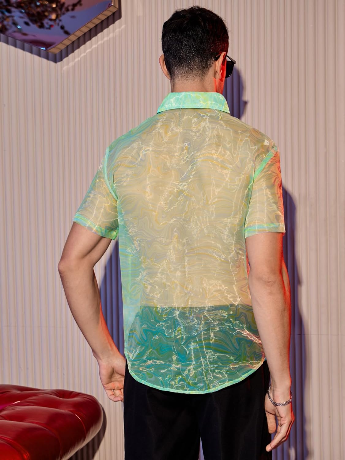 WDIRARA Men's Sheer Ombre Button Down Short Sleeve Organza Party Disco Shirt Top - Image 2