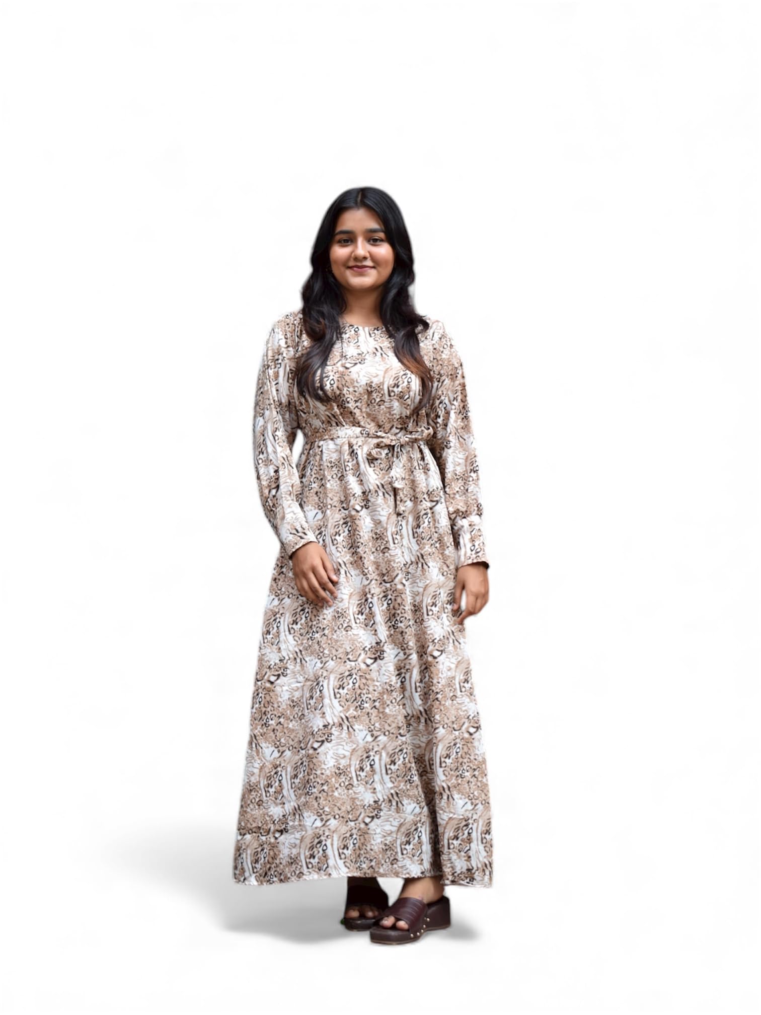Women's Long Maxi Dress, Floral Print Pattern, Long Sleeve, Belted Waist, Ankle Length, Brown and White Casual Dress-picture-44