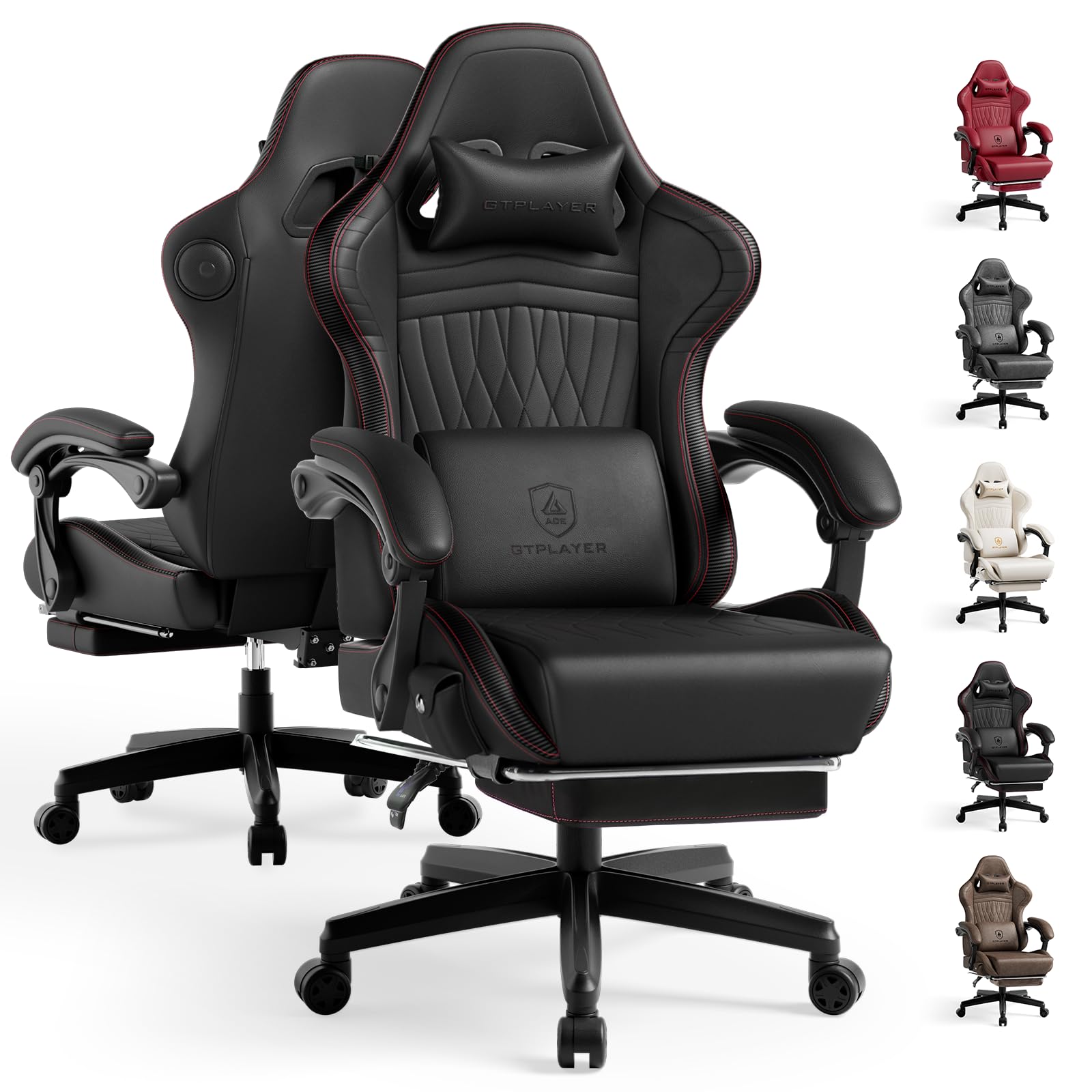 GTPLAYER ACE-PRO Music Gaming Chairs – Built-in Speakers, App Support & Bluetooth Control, Computer Game Chairs with Footrest for Adults, Ergonomic, Reclining, Linkage Armrest, Black & Red Stitch