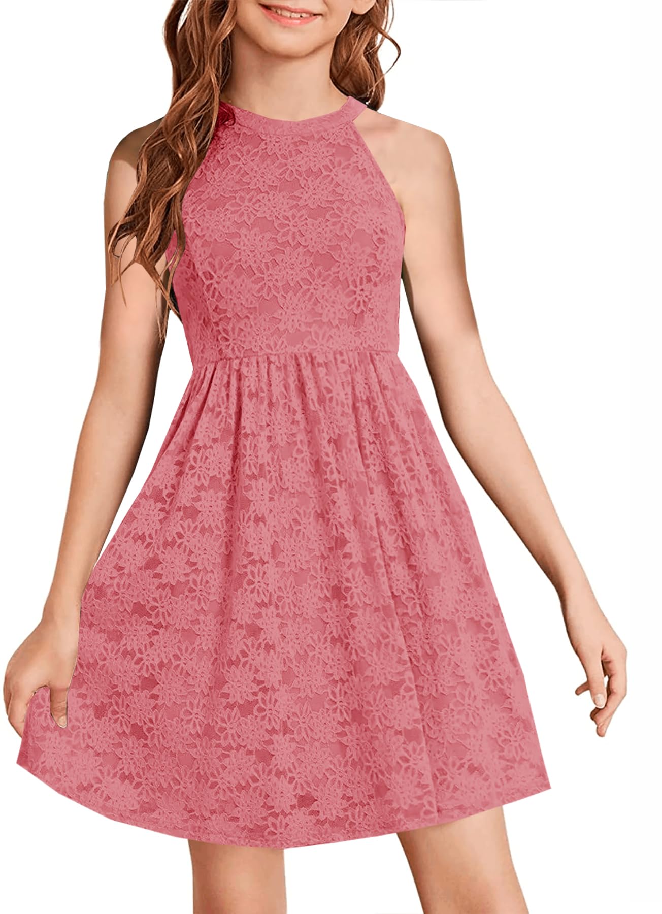 HOSIKA Flower Girl Dress Halter Neck Elegant Floral Lace A-line Party Dress