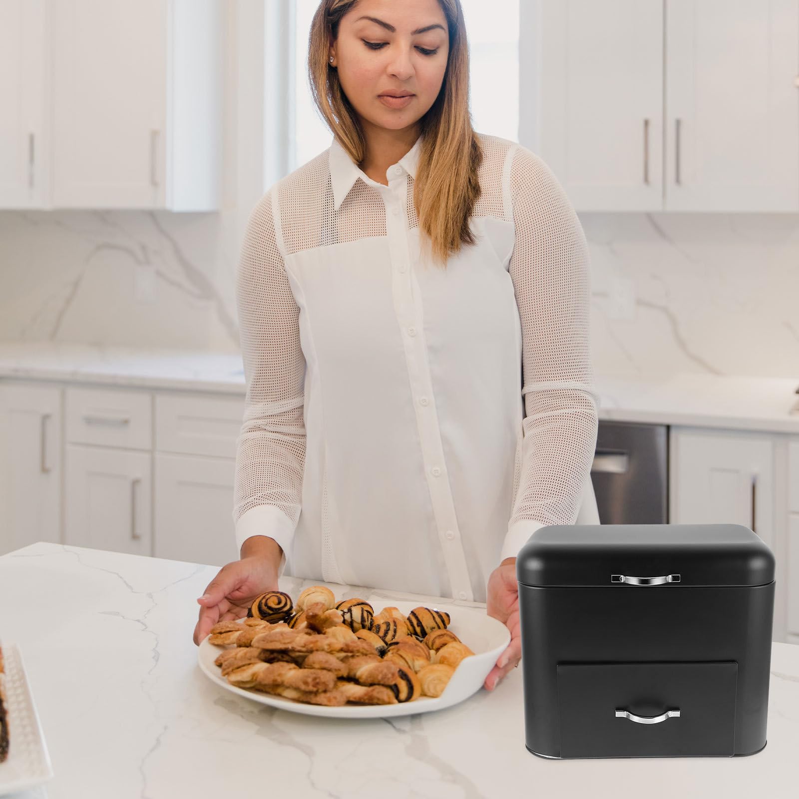Caja de Pan de Mesa Porta Pan para Encimera de Cocina Hierro Negra Gran Capacidad para Cocina y Cafeterías Organizador de Almacenamiento