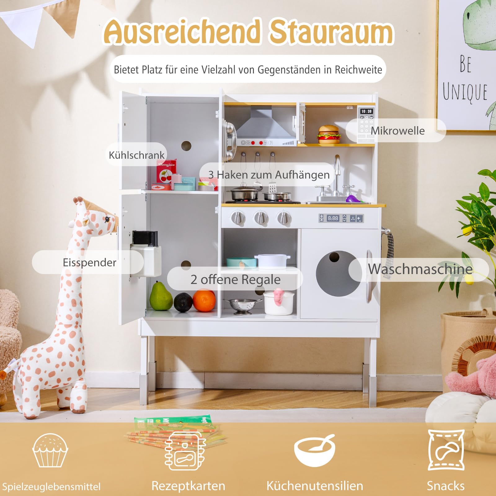 DREAMADE Höhenverstellbare Kinderküche mit Licht und Sound, Spielküche aus Holz mit Zubehör, Kinderspielküche mit Spüle Herd Backofen, Holzküche Spielzeugküche für Kinder ab 3 Jahren (Groß-Natur+Weiß)