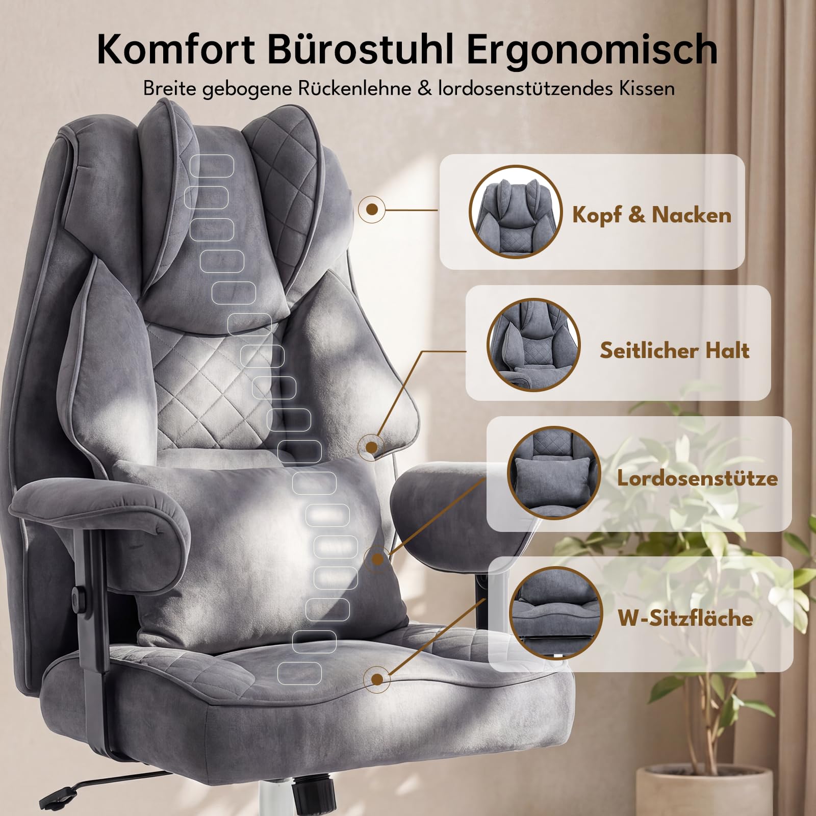 Ergonomischer Bürostuhl 200kg, XXL Chefsessel Fußstütze Homeoffice | XXL Schreibtischstuhl ergonomisch, 90–135° Rückenlehne, W-Form Sitzkissen, Lendenkissen, Wildlederimitat Grau