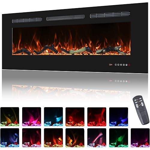 48inch Electric Fireplace in Wall Recessed and Wall Mounted Fireplace Electric, 13 Flame Colors, Realistic Logs &Crystals Fuel Bed, Adjustable Temperature and Timer, 750W/1500W, Black