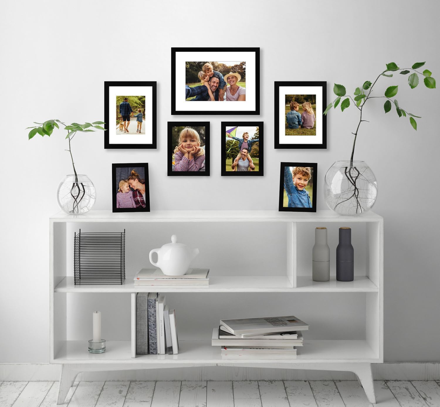 Set Di 4 Cornici In Vero Vetro E Legno Nero - Formato 5x7 E 4x6 Con Tappetino | Cornici Da Tavolo E Parete 16,7x20,7 Cm Per Foto E Ricordi