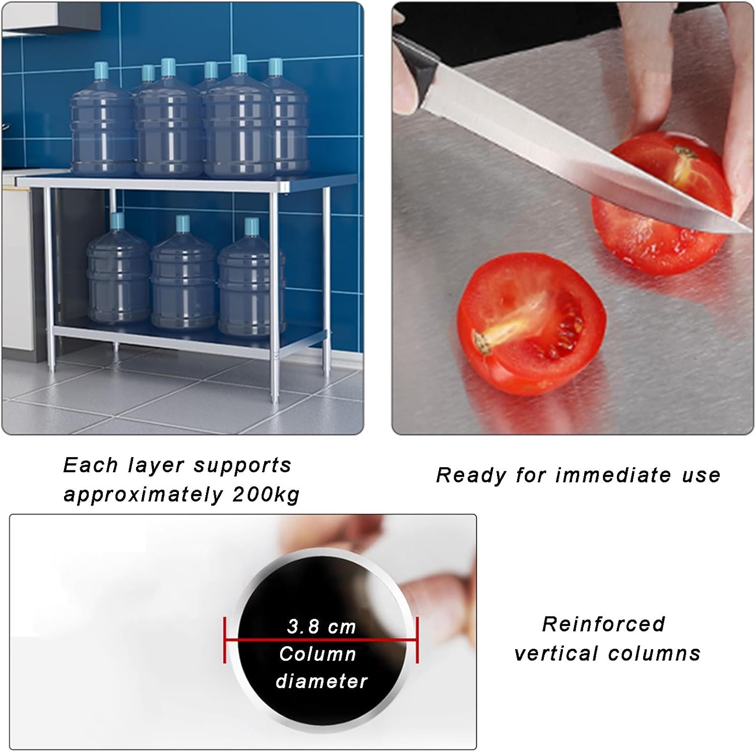 Double-Thickness Stainless Steel Work Table Height 31.5" Kitchen Workbench Rounded Corners Adjustable Feet 200kg Load Ability Multi-Purpose Storage Platform