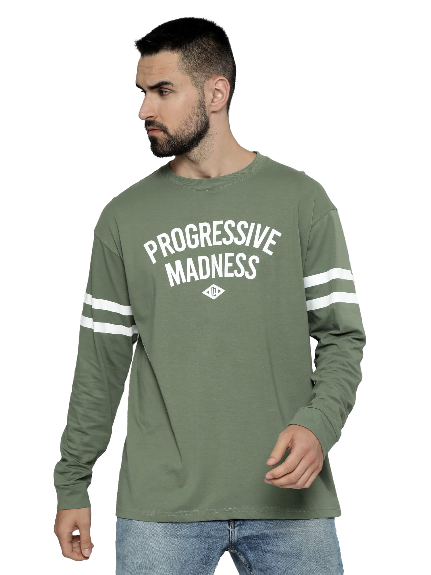 ManiacMens Printed Round Neck Full Sleeve Cotton Oversized T-Shirt